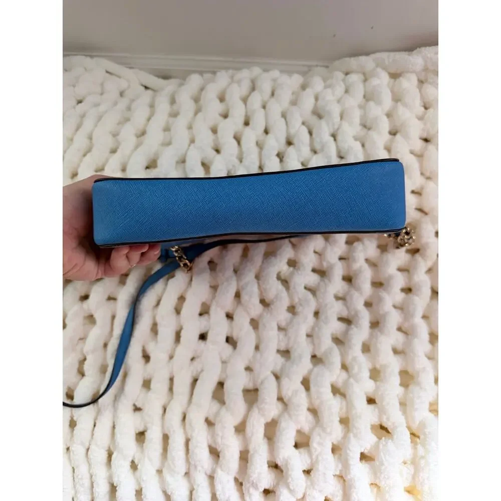 Michael Kors Jet Set Bright Blue Saffiano Leather Gold Tone Crossbody Bag Purse